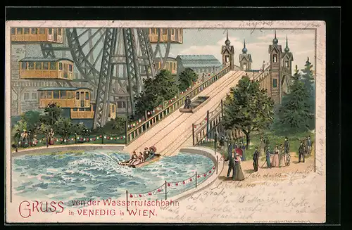 Lithographie Wien, Wasserrutschbahn und Riesenrad in Venedig