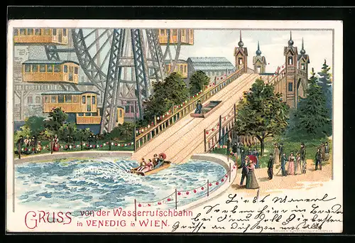 Lithographie Wien, Wasserrutschbahn und Riesenrad in Venedig