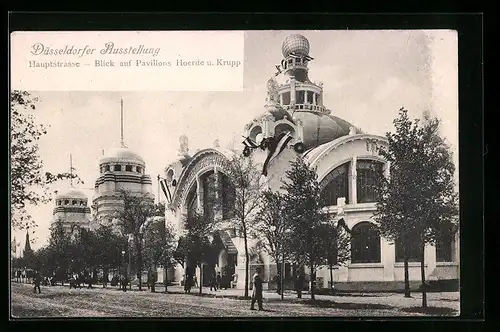 AK Düsseldorf, Düsseldorfer Ausstellung, Hauptstrasse mit Blick auf Pavillons Hoerde und Krupp