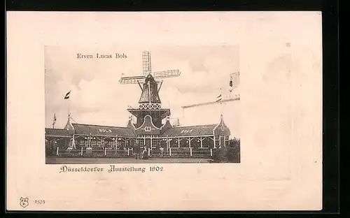 AK Düsseldorf, Düsseldorfer Ausstellung 1902, Gasthaus Erven Lucas Bols mit Windmühle