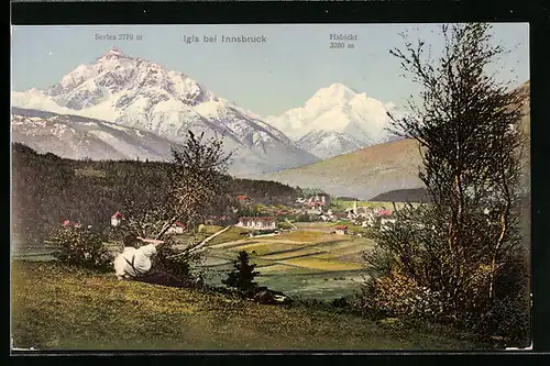 AK Igls b. Innsbruck, Ortsansicht mit Serles und Habicht