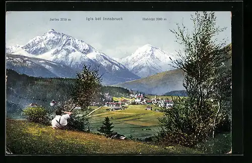 AK Igls b. Innsbruck, Ortsansicht mit Serles und Habicht