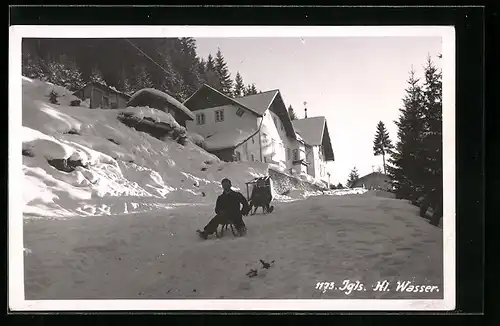 AK Igls, Häuser von Heilig Wasser, Schlittenfahrer