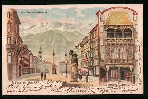 Lithographie Innsbruck, Maria Theresienstrasse mit Bergpanorama, Goldenes Dachl