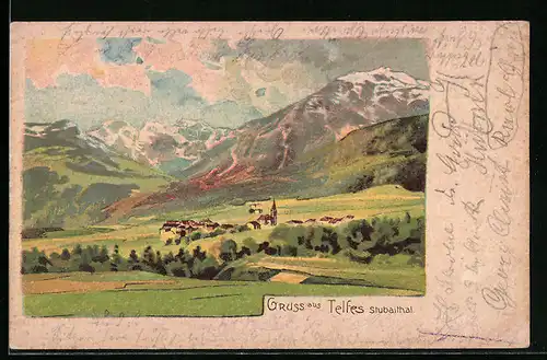 Künstler-AK Telfes /Stubaithal, Panorama mit Ortschaft