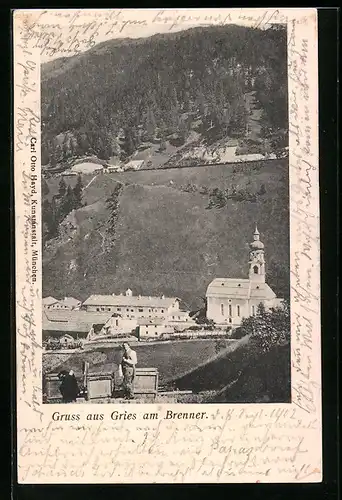 AK Gries am Brenner, Ortsansicht mit Kirche