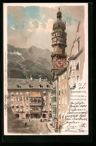 Lithographie Innsbruck, Stadtturm u. Goldenes Dachl