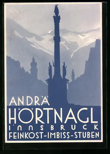 Künstler-AK Innsbruck, Feinkost-Imbiss-Stuben Andrä Hörtnagl, Leopoldstrasse 7, Restaurant, Mariensäule