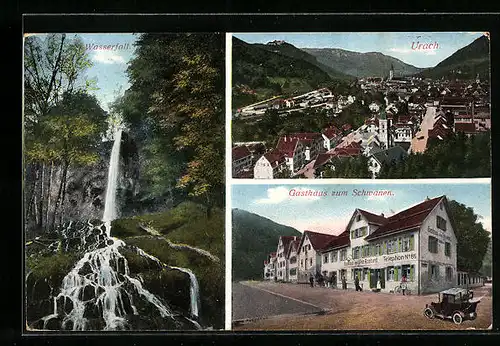 AK Urach, Ortsansichten mit Wasserfall und Gasthaus Zum Schwanen