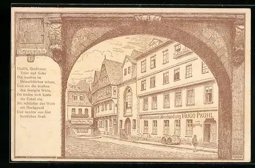 Künstler-AK Alt-Frankfurt, Weinrestaurant & Weinhandlung Hugo Pröhl, Domplatz 6