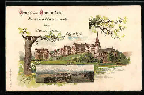 Lithographie Bonlanden, Neujahrsgruss, Teilansicht