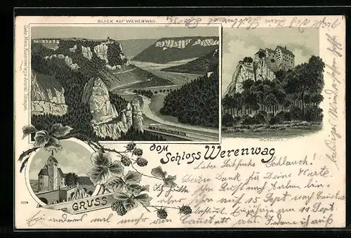 Lithographie Beuron, Schloss Werenwag, Blick ins Donautal
