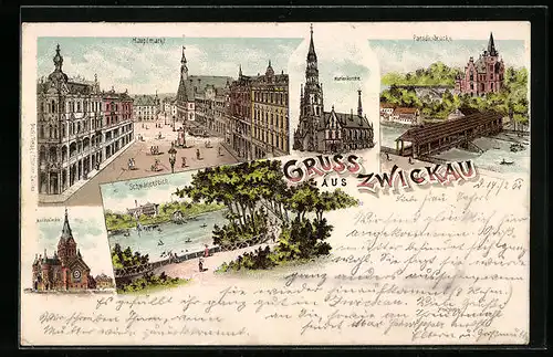 Lithographie Zwickau, Hauptmarkt, Villa Ebert & Paradiesbrücke, Schwanenteich