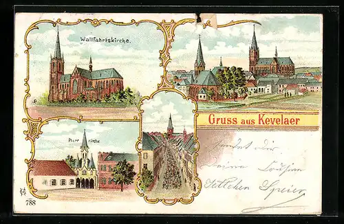 Lithographie Kevelaer, Wallfahrtskirche, Pfarrkirche, Strassenpartie