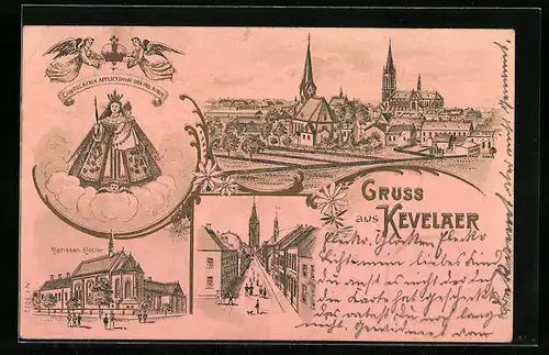 Lithographie Kevelaer, Klarissen Kloster, Teilansicht mit Kirchen