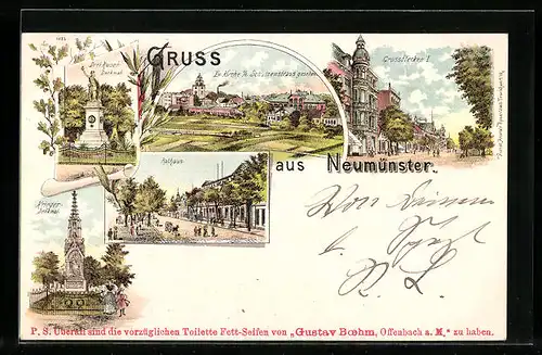 Lithographie Neumünster, Strassenpartie Grossflecken I, Rathaus, Drei-Kaiser-Denkmal