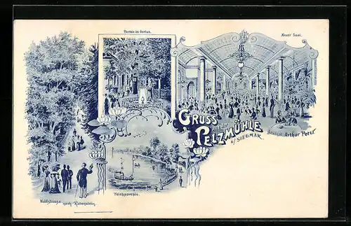 Lithographie Siegmar, Pelzmühle, Partie im Garten, Neuer Saal