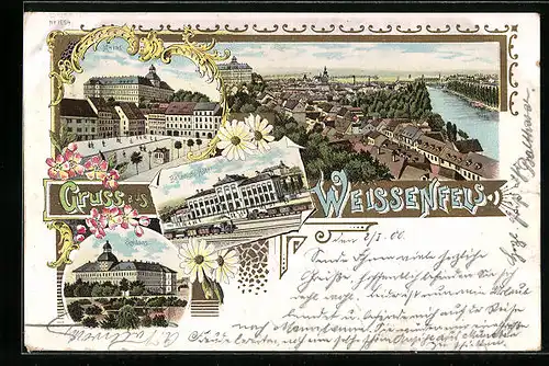 Lithographie Weissenfels, Ortsansicht, Markt, Bahnhofs-Hotel, Schloss