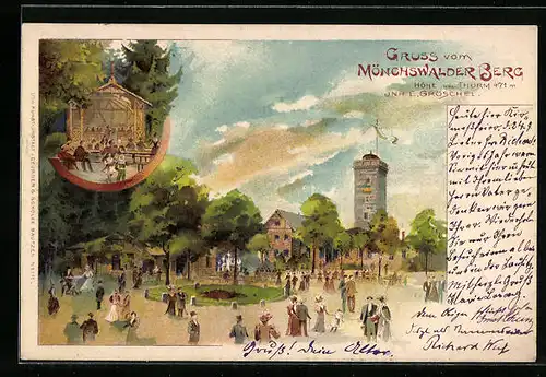 Lithographie Wilthen, Gasthaus auf dem Mönchswalder Berg mit Aussichtsturrm, Pavillon