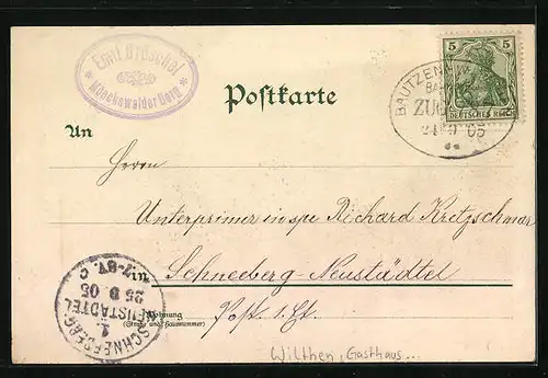 Lithographie Wilthen, Gasthaus auf dem Mönchswalder Berg mit Aussichtsturrm, Pavillon
