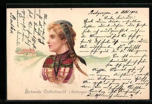 Lithographie Betzingen, Frau in schwäb. Volkstracht