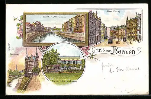 Lithographie Barmen, Garten des Luftkurhauses, Alter Markt mit Strassenbahn, Werther- und Uferstrasse