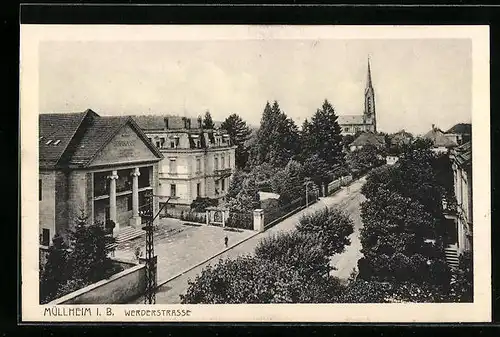 AK Müllheim i. B., Werderstrasse mit Sparkasse und Kirche