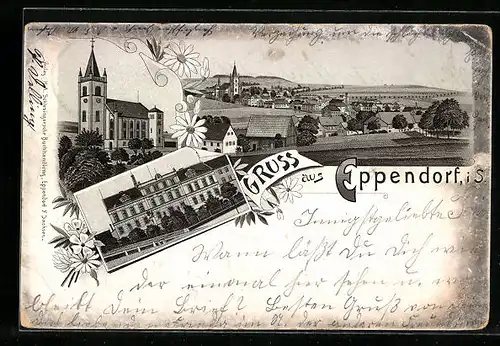 Lithographie Eppendorf i. S., Teilansicht, Kirche, Gebäudeansicht