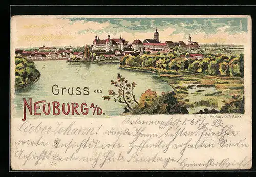 Lithographie Neuburg a. D., Uferpartie