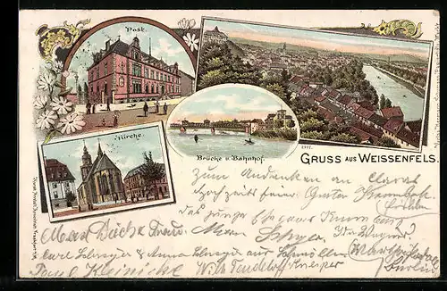 Lithographie Weissenfels, Kirche, Post, Brücke und Bahnhof