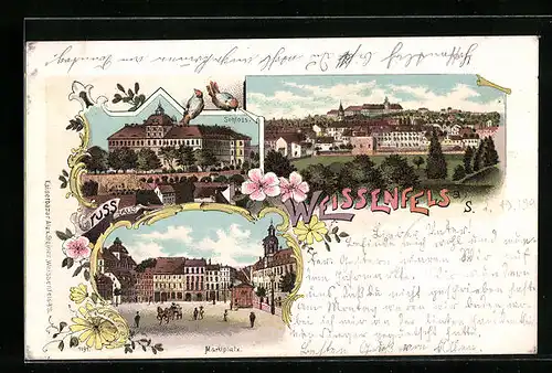 Lithographie Weissenfels, Teilansicht, Schloss, Marktplatz