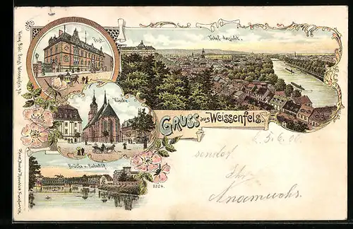 Lithographie Weissenfels, Post, Kirche, Brücke und Bahnhof