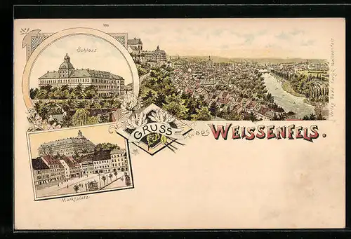 Lithographie Weissenfels, Teilansicht, Schloss, Marktplatz