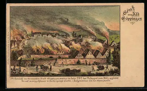 Lithographie Göppingen, Ansicht der brennenden Stadt welche 1782 vom Blitz gezündet und in Asche gelegt wurde