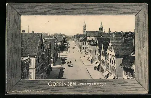 AK Göppingen, Hauptstrasse mit Kirche, Passepartout