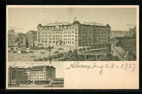 Künstler-AK Nürnberg, Hotel Württemberger Hof, Neubau 1913, Gartenrestaurant