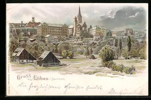 Lithographie Löbau i. Sachsen, Ortspartie mit Kirche