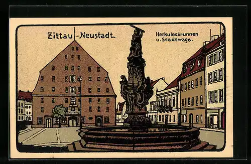 Steindruck-AK Zittau-Neustadt, Herkulesbrunnen und Stadtwaage