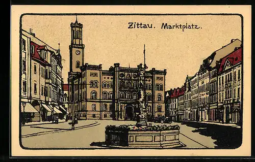 Steindruck-AK Zittau, Marktplatz mit Denkmal