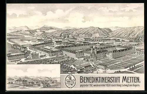 Künstler-AK Metten, Benediktinerstift, Ortspartie