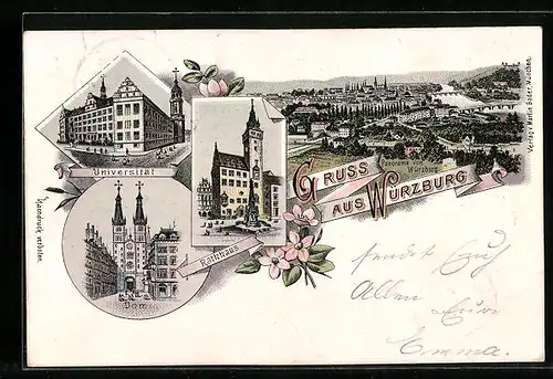 Lithographie Würzburg, Universität, Rathaus, Dom