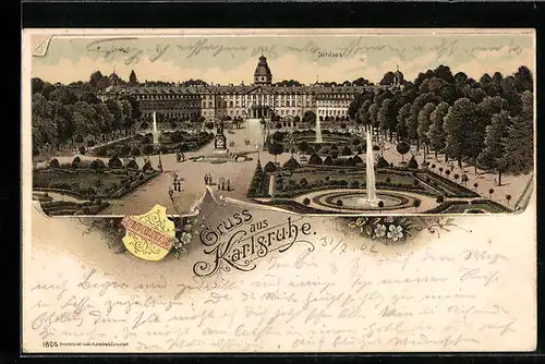 Lithographie Karlsruhe, Blick auf Schloss und Garten