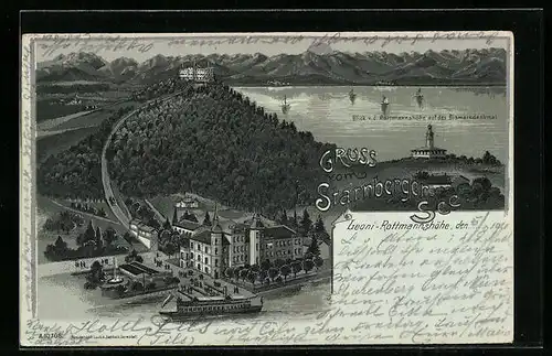 Mondschein-Lithographie Starnberg, Leoni-Rottmannshöhe, Bismarckdenkmal