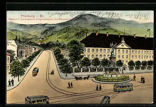 Künstler-AK Freiburg i. B., Partie mit Karlskaserne, Siegesdenkmal und Schlossberg