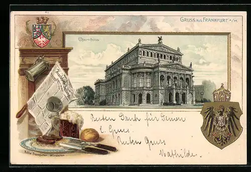 Passepartout-Lithographie Frankfurt a. M., Opernhaus, Frankfurter Würstchen & Wappen