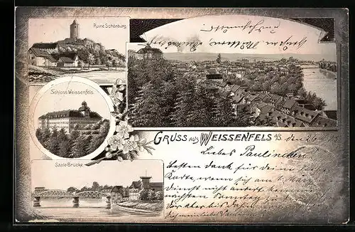 Lithographie Weissenfels i. S., Ruine Schönburg, Schloss Weissenfels, Saale Brücke