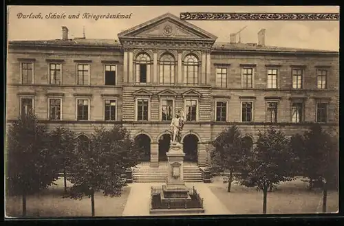 AK Durlach, Blick auf die Schule mit dem Kriegerdenkmal