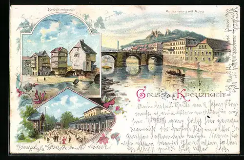 Lithographie Kreuznach, Brückenhäuser, Kurhaus und Blick zur Kauzenburg