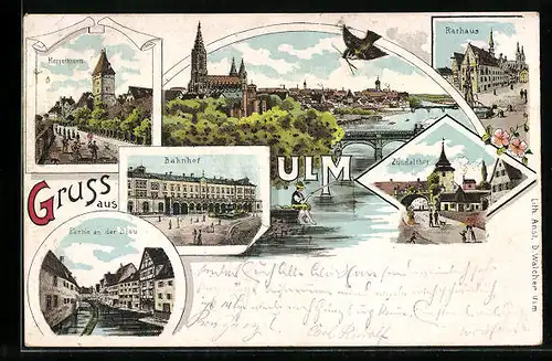 Lithographie Ulm, Bahnhof, Mezgerthrum, Rathaus, Zundelthor