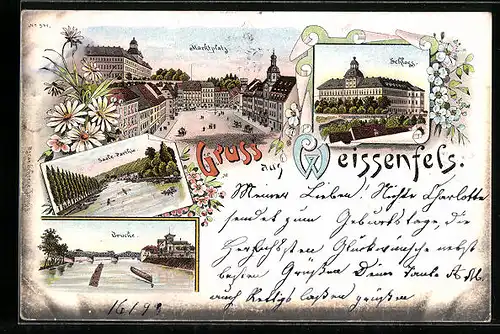 Lithographie Weissenfels / Saale, Marktplatz, Schloss, Brücke, Saalepartie